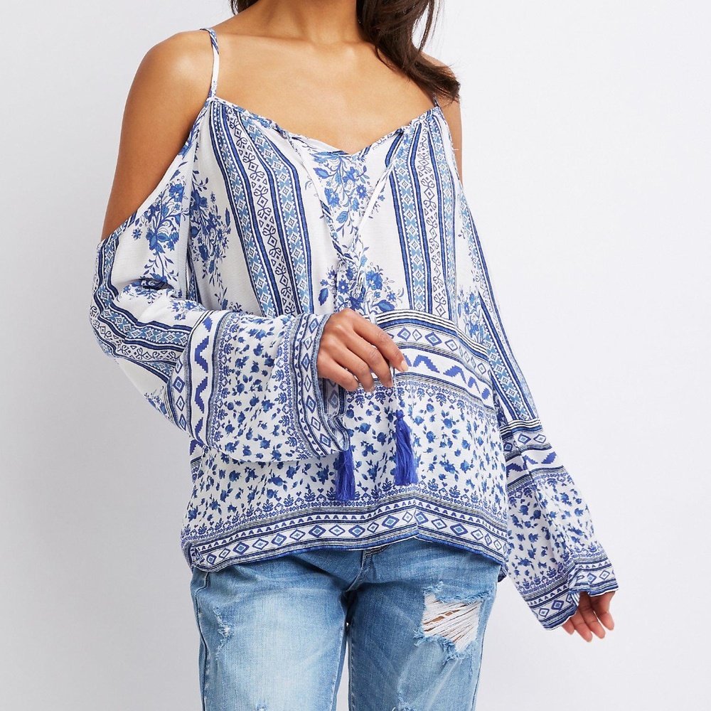 New White Blue Porcelain Print Cold Shoulder Top M
